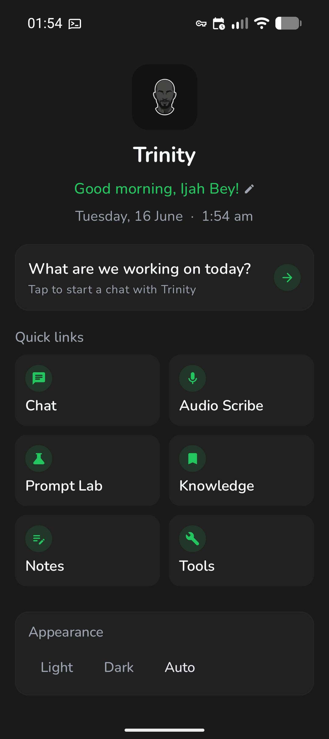 Trinity home screen in dark mode